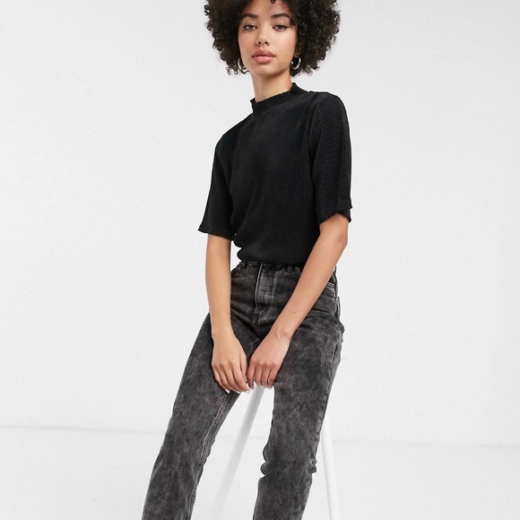 Monki Tops - Monki short sleeve high neck ribbed top in black